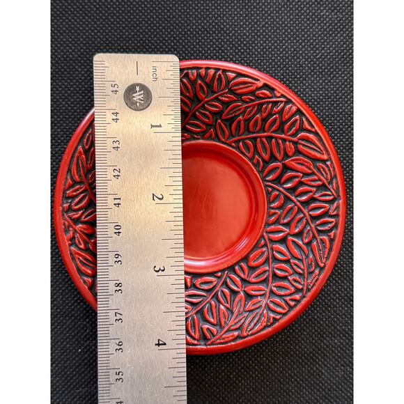 Vintage Japanese Red & Black Tea Saucers / Coasters, Foliage Motif (Set of 5) - Picture 8 of 9